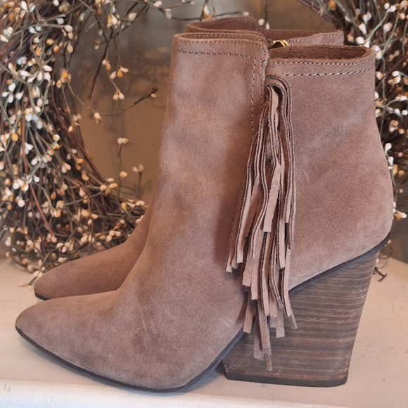 Isola Fringed Suede Leather Ankle Heeled Boots - Taupe Brown 6 - Picture 4 of 16